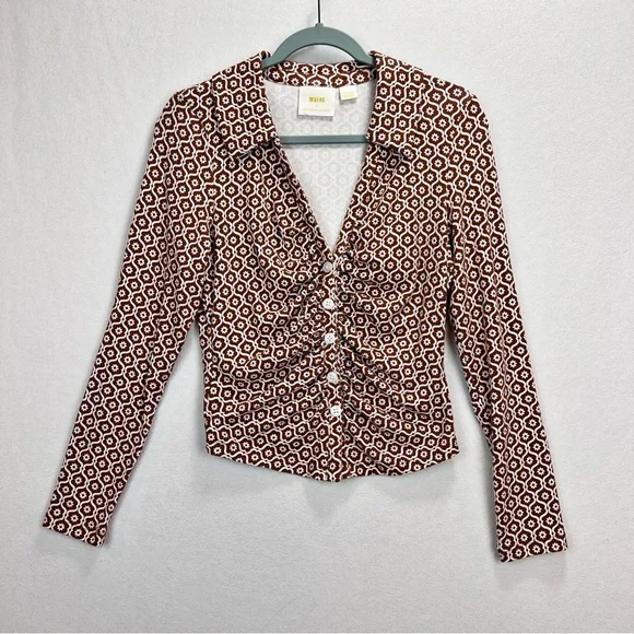 Anthropologie Maeve Ruched Shirt Size Medium Retro Graphic Print Y2K Inspired - Picture 2 of 9